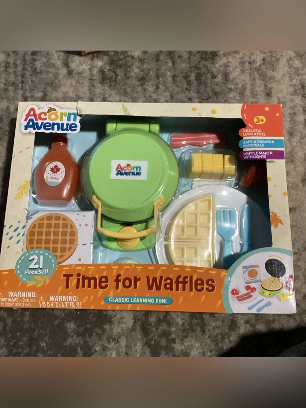 Pretend Waffle Maker Kid’s Play Food Set Acorn Avenue 21 pc. super cute read on